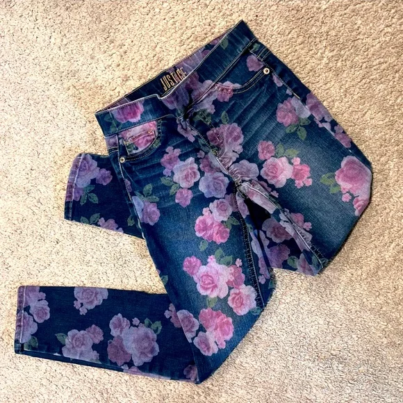 Justice Floral Stretch Jeggings 12 - Picture 1 of 3